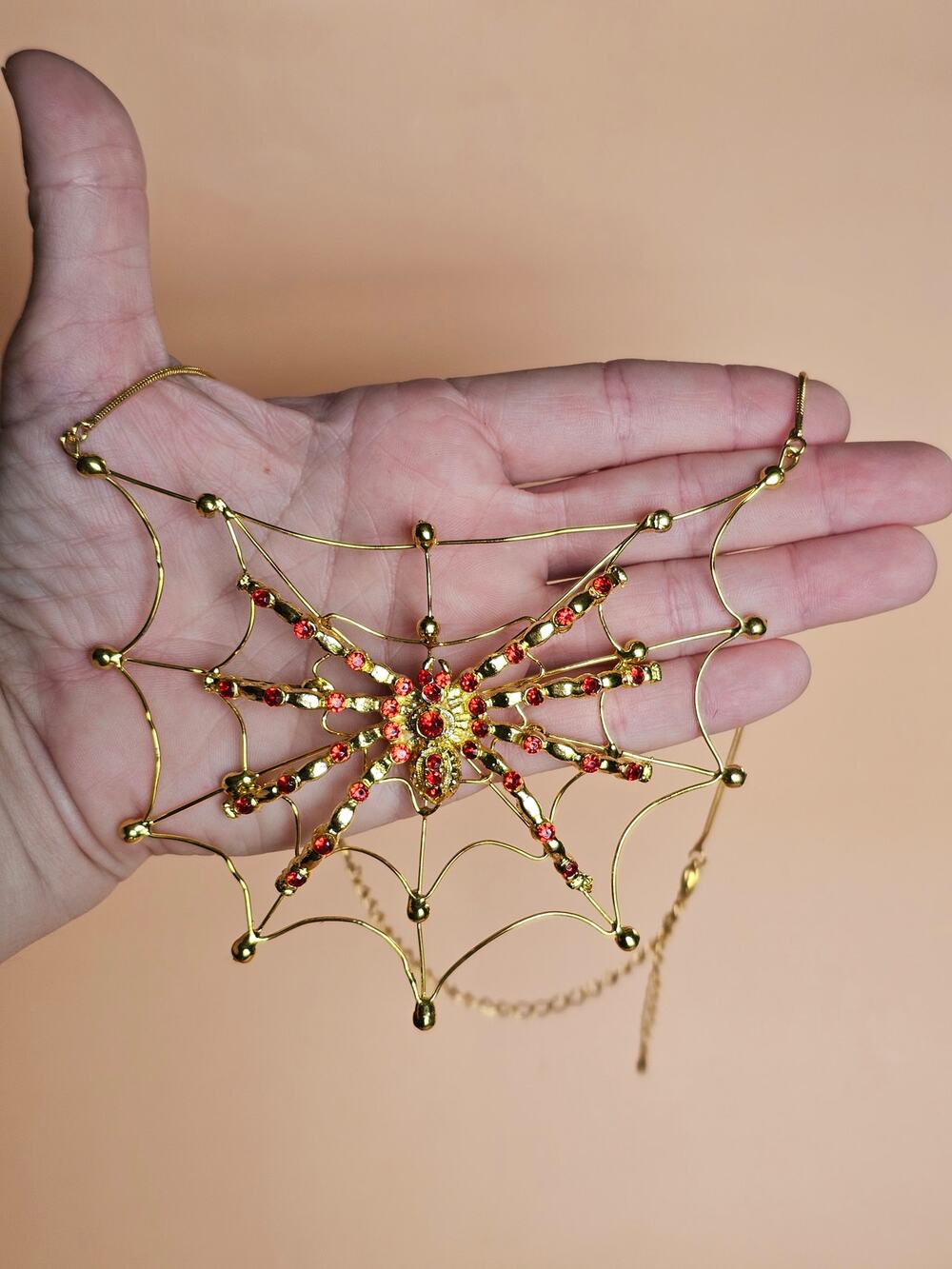 Metal Spider Web Necklace Red Rhinestone Choker Collar Halloween Fall